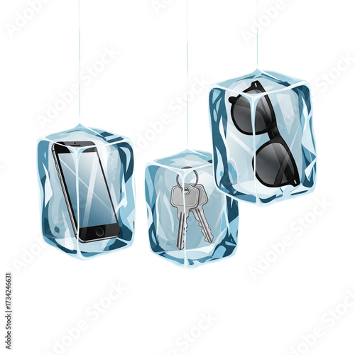 Valuable Personal Items Encased in Ice Cubes Illustrating Frozen Concepts and Modern Challenges