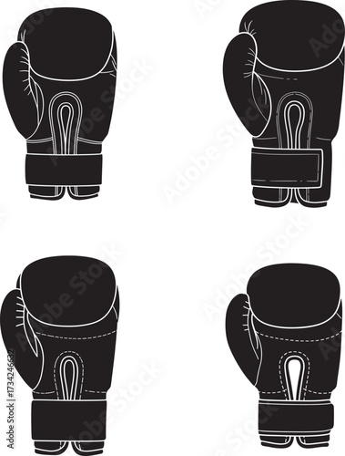 Four black boxing gloves arranged in a square pattern on a white background