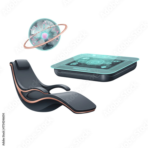 Futuristic Relaxation Modern Chair, Table, and Plasma Globe, an illustration of innovative design