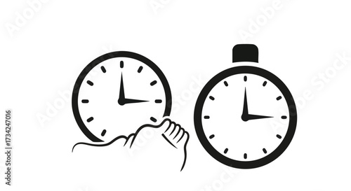 A hand holding a clock beside a stopwatch in a simple illustration