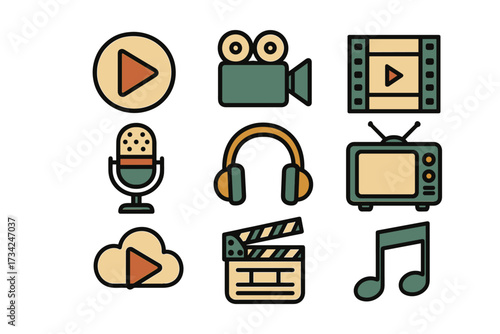 Retro media icon set featuring flat style music, video, and audio symbols