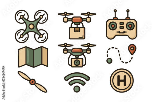 Drone technology icons set featuring delivery, navigation, and control elements in flat style