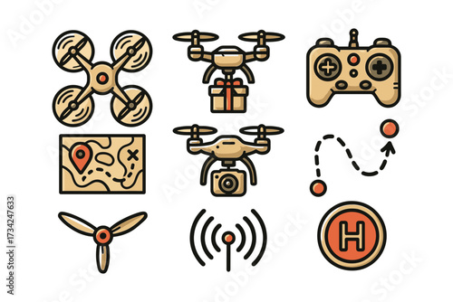 Drone delivery and control icons set in modern line art style