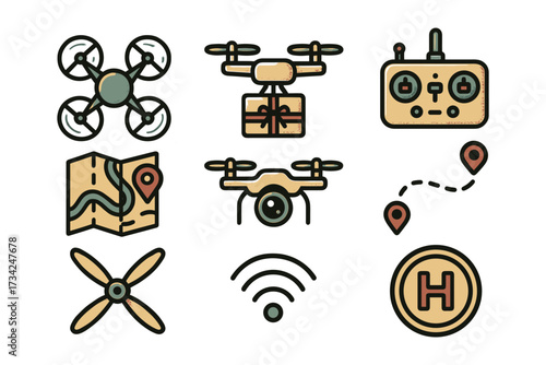 Drone technology icons set featuring delivery drones and control elements in flat style