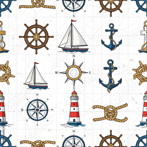 Seamless nautical pattern with sailboats anchors ship wheels and lighthouses. EPS Editable