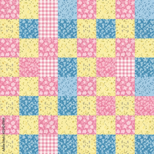 Seamless patchwork quilt pattern with pink yellow and blue squares A charming checkered and floral fabric design for baby textiles and scrapbooking. EPS Editable