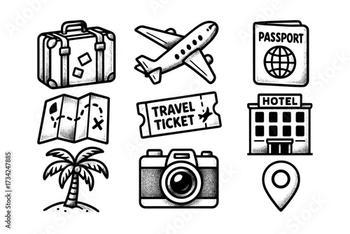 Vintage travel icons: passport, airplane, camera, palm tree, and more in retro style