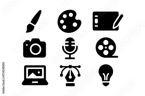 Creative tools icons set featuring camera, brush, and microphone in bold silhouette style