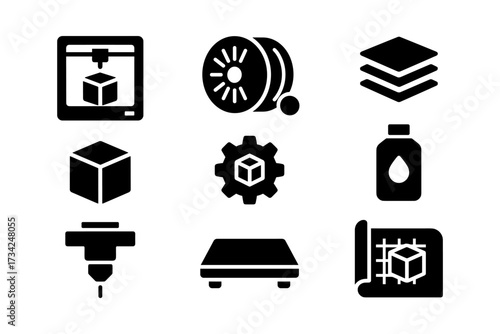 3d printing icons set: tools, gear, and design in silhouette style