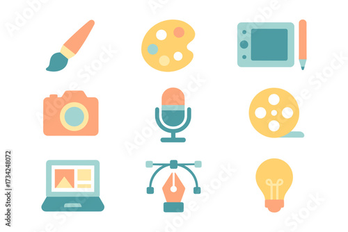 Creative tools icon set featuring digital devices, art supplies, and audio equipment in flat design