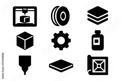 Minimalist icons of 3d printing elements and equipment