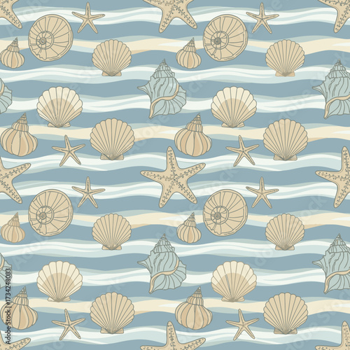 Seamless pattern with hand drawn seashells and starfish on a wavy blue background. EPS Editable