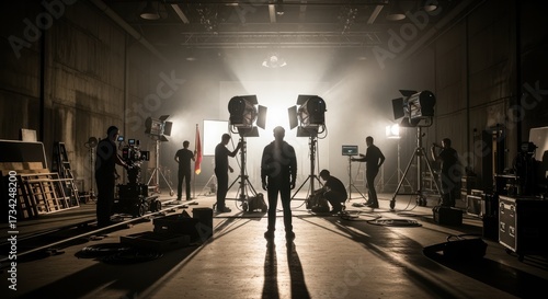 Behind-the-scenes photo of a film/TV production set. Dimly lit studio with lighting equipment, cameras, and silhouetted crew members, creating a dramatic, moody atmosphere.
