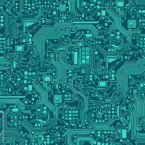 Seamless Teal Electronic Circuit Board Technology Background. EPS Editable