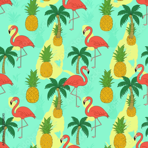 Seamless Tropical Pattern with Pink Flamingos Pineapples and Palm Trees. EPS Editable