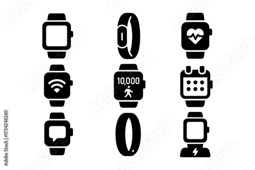 Collection of modern smartwatch and fitness tracker silhouettes in minimalist style