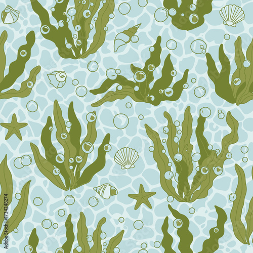 Seamless underwater pattern with seaweed starfish and shells. EPS Editable