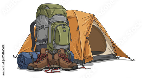 Detailed Outdoor Camping Equipment Vector Illustration with Tent Backpack and Boots