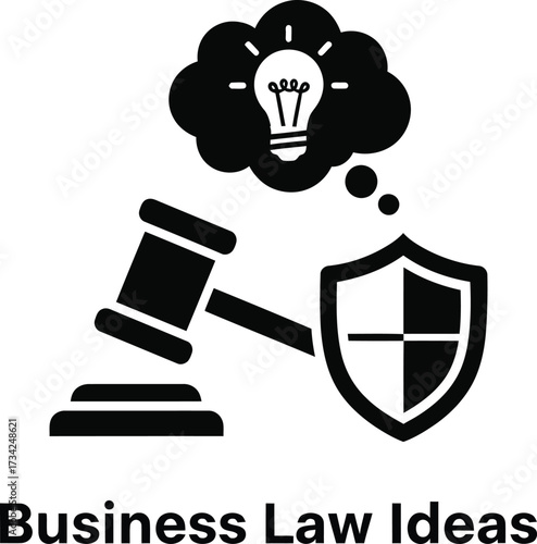 Gavel shield and lightbulb representing business law and innovation ideas