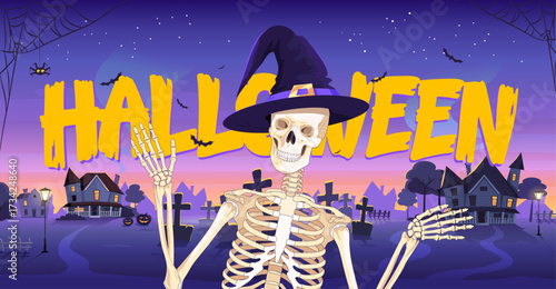 A cheerful skeleton in a hat wishes everyone a Happy Halloween