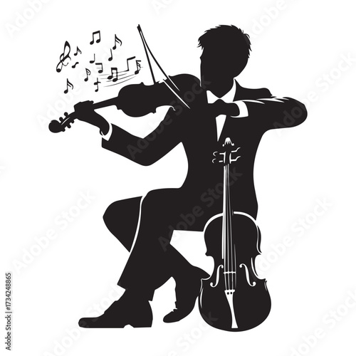 Violinist & Music  Silhouettes  of a white background