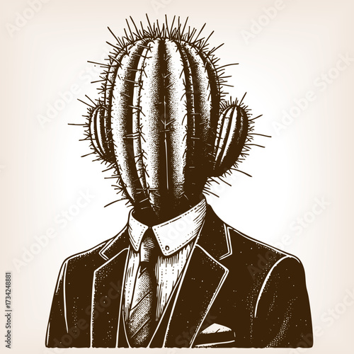 man in a suit with a cactus head, symbolizing resilience, toughness, and unusual creative concepts sketch engraving generative ai vector illustration. Scratch board imitation. Black and white image.