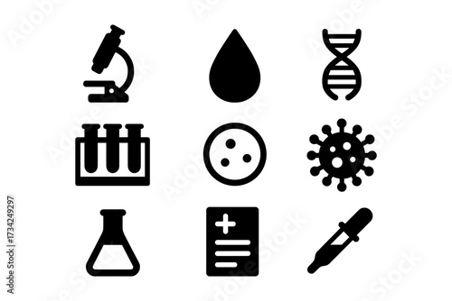 Essential science icons: microscopes, dna, viruses in bold minimalist style