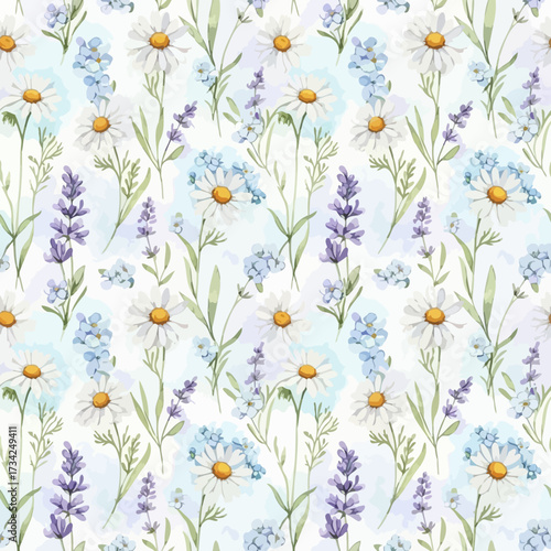 Watercolor Seamless Pattern with Daisy Chamomile and Lavender Flowers. EPS Editable