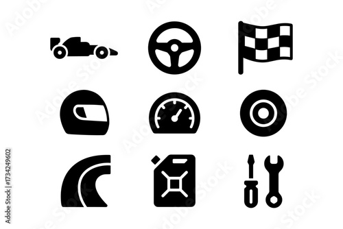 Racing icons set: car, steering wheel, checkered flag, helmet, speedometer