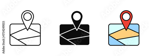 Map icon in line art, fill, and colored outline styles with a clean white background. Ideal for navigation, travel apps, location services, and tourism branding.