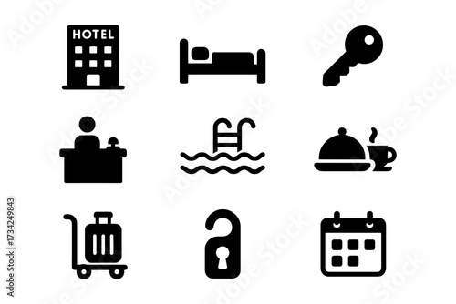 Essential hotel icons set: key, bed, reception, pool, dining, luggage, privacy, booking