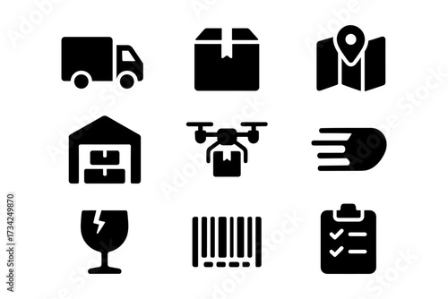 Silhouette icons of delivery logistics and shipping elements