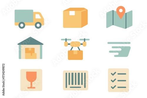 Flat icons: delivery and logistics with drone, truck, box, map, and more