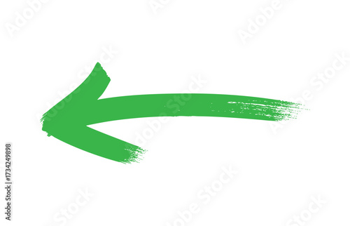 Hand-drawn green arrow pointing left. Grunge ink brush stroke pointer icon isolated on a white background.