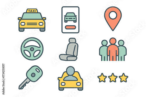 Taxi app icons: ride share, navigation, driver, and rating symbols in colorful linear style