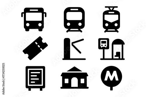 Public transport icons set: bus, train, tram, ticket, schedule, station, subway