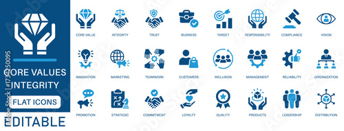 Core Values Icon Set. featuring innovation, goals, responsibility, integrity, customers, commitment, quality, teamwork, reliability, vision, inclusion and more. perfect flat vector icons collection.