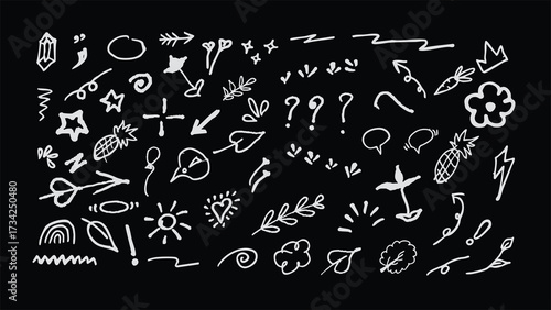Large set of hand-drawn doodle elements. White chalk style sketch icons on a black background, including arrows, stars, and hearts.