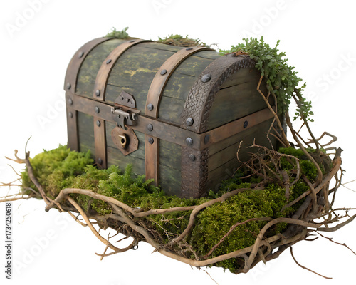 Mysterious old treasure chest covered with moss and vines isolated on black background antique wooden box