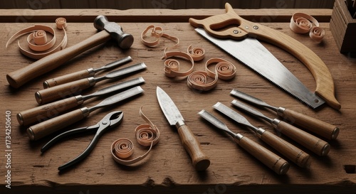 Assortment of well-used woodworking tools on a wooden workbench, including chisels, saws, and wood shavings, suggesting intricate projects.
