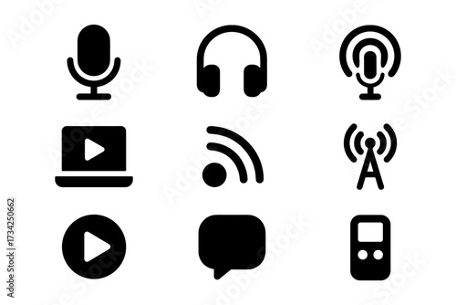 Audio and communication icons set: microphone, headphones, podcast, broadcast, and media symbols