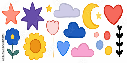 Cartoon-style shapes including stars, hearts, flowers, and clouds
