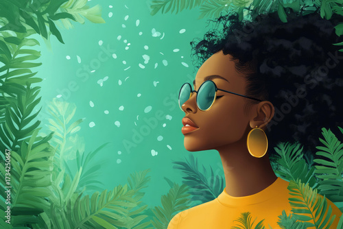 Woman with round sunglasses surrounded by tropical greenery and glowing particles in summer atmosphere