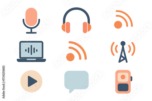 Modern media icons set featuring podcast, music, and communication elements