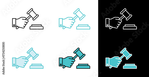 Judge hand holding wooden gavel icon for legal decision and auction sale in line and fill style