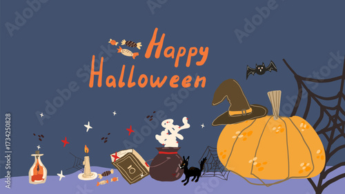 Happy Halloween border with pumpkin, witch cauldron and magic potion vector illustration