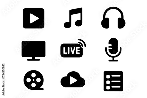 Set of black media icons: audio, video, streaming in minimalist style