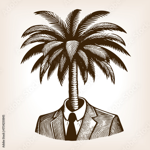 man in a suit with a palm tree as a head, symbolizing relaxation, vacation, and tropical lifestyle sketch engraving generative ai vector illustration. Scratch board imitation. Black and white image.