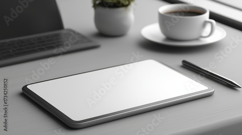 Wooden desk workspace with tablet, pen, coffee and laptop