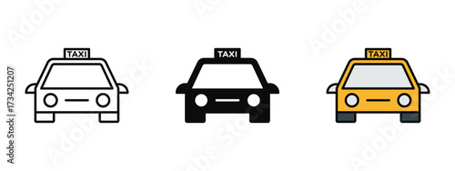 Taxi icon illustrated in line art, fill, and colored outline styles with a clean white background. Perfect for cab services, transportation, ride-hailing, and city travel.